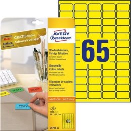 Etykiety usuwalne kolorowe, A4, 20 ark./op., 38,1 x 21,2 mm, żółte, AVERY ZWECKFORM, L4793-20 Avery Zweckform