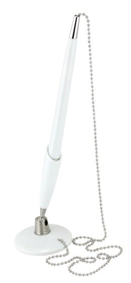 Długopis plastikowy z podstawką i metalowym łańcuszkiem biały 0,7mm KAMPALA A01.2198.00 MPM Quality