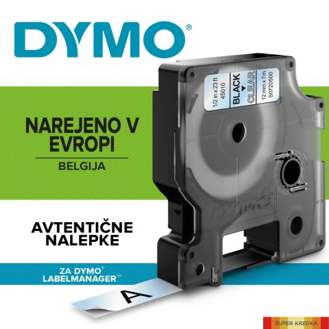 Taśma DYMO D1 - 12 mm x 7 m, czarny / przezroczysty S0720500 do drukarek etykiet Dymo