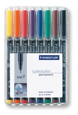 Foliopis Lumocolor, F, wodoodporny, zestaw 8 kol. (1, 2, 3, 4, 5, 6, 7, 9) w etui box, Staedtler S 318 WP8 Staedtler