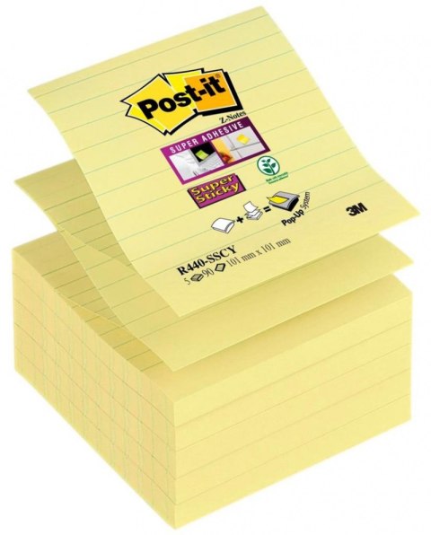 Karteczki samoprzylepne POST-IT_ Super Sticky Z-Notes XL w linię (R440-SSCY), 101x101mm, 5x90 kart., żółte Post-It 3M