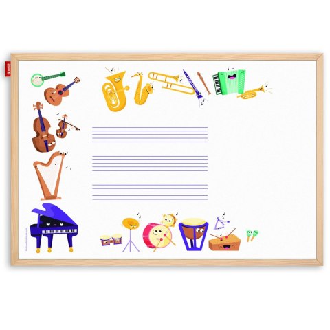 Tablica edukacyjna MemoBe, WHITEBOARDGAME: Music adventure!, nadruk WESOŁE INSTRUMENTY, rama drewniana, 90x60 cm MTM090060.MU02. MemoBe