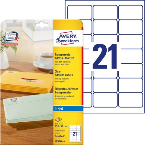 Etykiety adresowe J8560-25 63,5 x 38,1 25 ark. przezroczyste, Avery Zweckform (X) Avery Zweckform