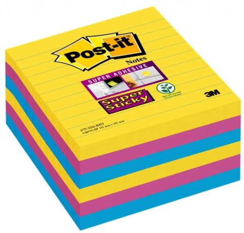 Bloczek samoprzylepny POST-IT Super Sticky w linie (675-SS6RIO-EU), 101x101mm, 6x90 kart., paleta Rio de Janeiro Post-It 3M