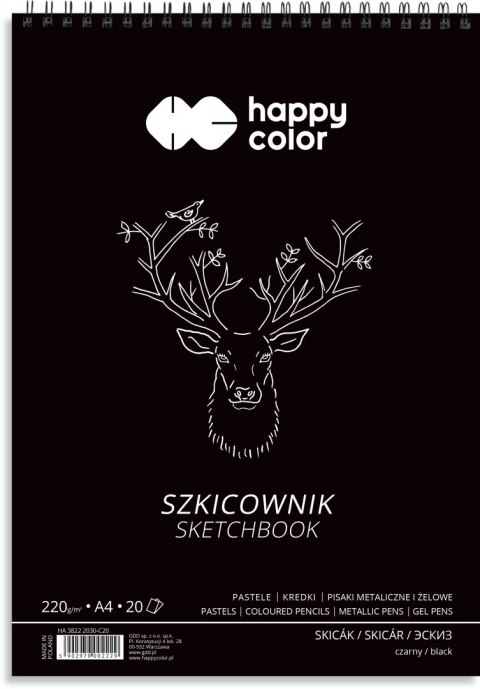 Szkicownik na spirali CZARNY A4, 20 ark, 220g, Happy Color HA 3822 2030-C20 Happy Color