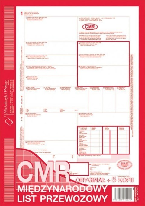 800-3N CMR A4 78kartek 1+5 numerowany międzynarodowy list przewozowy M&P Michalczyk i Prokop