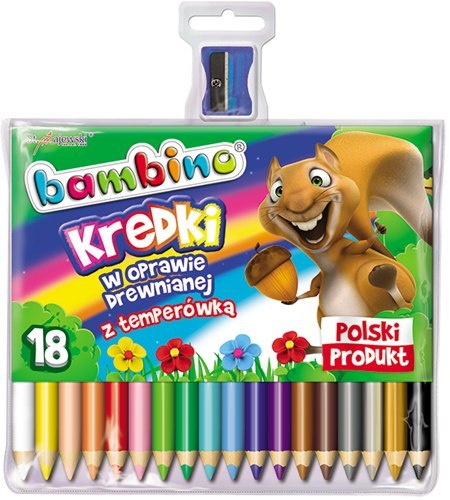 Kredki trójkątne BAMBINO 18 kolorów+temperówka w oprawie drewnianej Bambino