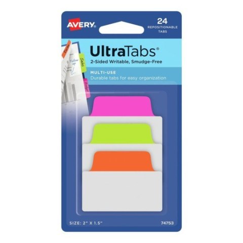 Ultra Tabs - samoprzylepne zakładki indeksujące, kolorowe, neonowe, 50,8x38, 24 szt., Avery Zweckform 74753 Avery Zweckform