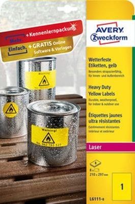 Etykiety Heavy Duty, A4, 8 ark./op., 210 x 297 mm, żółte, poliestrowe, AVERY ZWECKFORM, L6111-8 Avery Zweckform