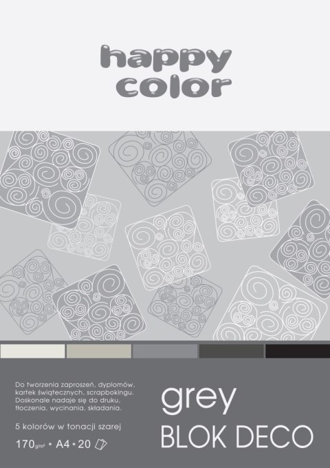 Blok Deco Grey A4, 170g, 20 ark, 5 kol. tonacja szara, Happy Color HA 3717 2030-082 Happy Color