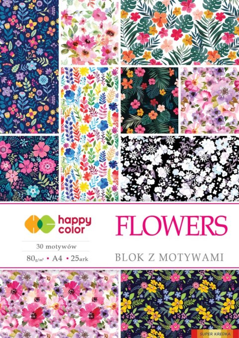 Blok z motywami FLOWERS, 80g/m2, A4, 15 ark, 25 motyw, Happy Color HA 3808 2030-F Happy Color