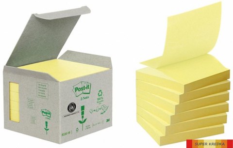 Ekologiczne karteczki samoprzylepne R330-1B Post-it_ Z-Notes z certyfikatem PEFC Recycled, Żółte, 76x76mm, 6 bloczków po 100 kar Post-It 3M