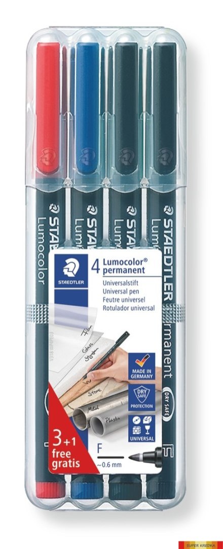 Foliopis Lumocolor, F, wodoodporny, zestaw 3+1 gratis 3 kol. (2, 3, 9) w etui box, Staedtler S 318 WP4P Staedtler