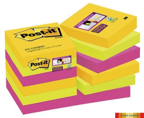 Bloczek samoprzylepny POST-IT_ Super Sticky (622-12SSRIO-EU), 47,6x47,6mm, 12x90 kart., paleta Rio de Janeiro Post-It 3M