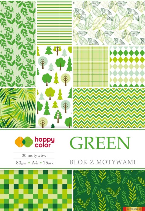 Blok z motywami GREEN, 80g/m2, A4, 15 ark, 30 motyw, Happy Color HA 3808 2030-G Happy Color