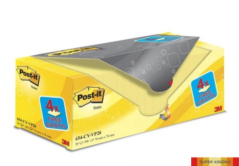 Bloczek samoprzylepny POST-IT (654CY-VP20), 76x76mm, (16+4)x100 kart., żółte, 4 bloczki GRATIS Post-It 3M