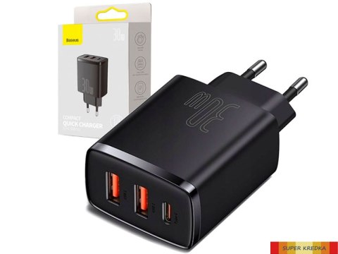 Ładowarka sieciowa BASEUS Compact Quick Charger, 2xUSB, USB-C, PD, 3A, 30W (CCXJ-E01) czarna BASADA47332