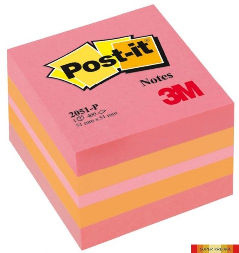 Mini Kostka samoprzylepna POST-IT_ (2051P), 51x51mm, 1x400 kart., różowa Post-It 3M