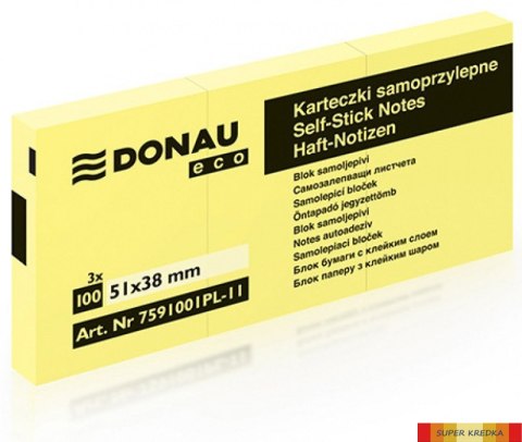 Bloczki samoprzylepne ECO 3szt x 100 karteczek jasnożółte 51x38 7591001PL DONAU Donau