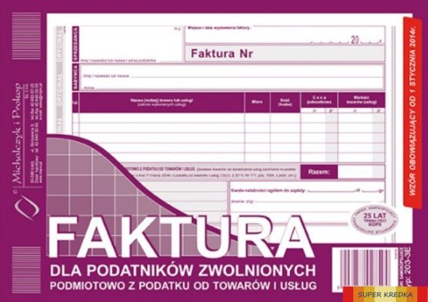 203-3E Faktura dla podatników zwolnionych z VAT A5 (o+1k) MICHALCZYK Michalczyk i Prokop