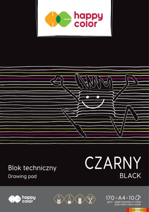 Blok techniczny czarny A4, 170g, 10 ark, Happy Color HA 3717 2030-9 Happy Color