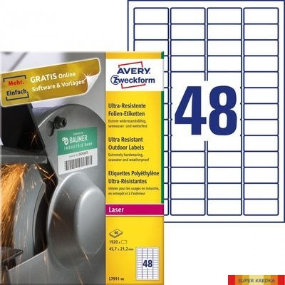 Etykiety polietylenowe ultra resistant, A4, 40 ark./op., 45,7x21,2mm, AVERY ZWECKFORM, L7911-40 Avery Zweckform